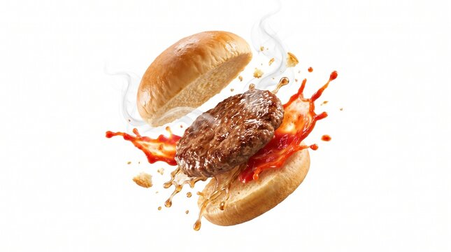 Exploding classic hamburger floating in mid air with flying beef patty and splashing ketchup on white background