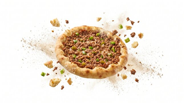 Flying Turkish Bursa cantık pide floating in mid air with exploding minced meat and dough crumbs on white background