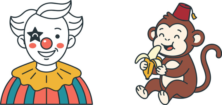 Cute circus clown and playful monkey character set, colorful cartoon entertainers for carnival, zoo, children&rsquo;s party and amusement designs