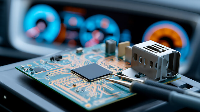 Close up of microchip circuit board with electronic components and car dashboard instrument cluster in background for auto tech project