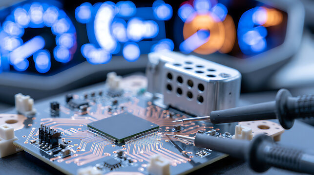 Electronics engineer test circuit board with probe device in lab with glowing digital dashboard background for modern tech innovation concept