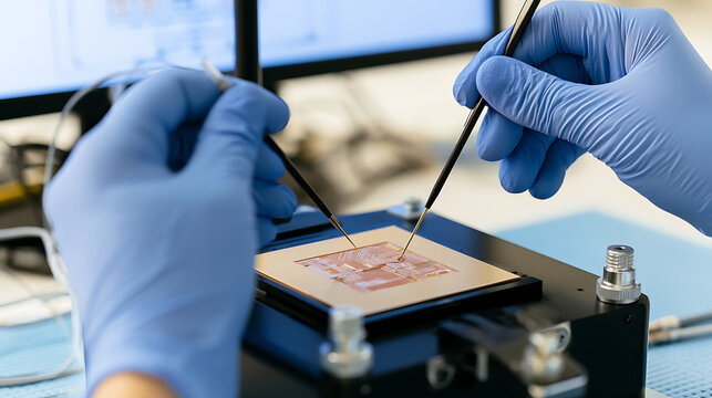 Scientist hands in blue protective gloves use precision probe needles to test and inspect microchip semiconductor wafer inside cleanroom lab