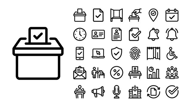Election icons: A collection of clean, modern line art icons representing various aspects of the electoral process and civic engagement, perfect for digital design and information graphics.