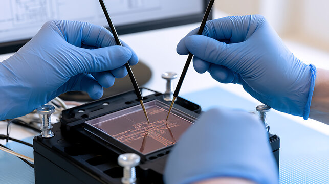 Close up of hands in blue gloves examine electronic microchip wafer with probes in high tech laboratory setting for research work