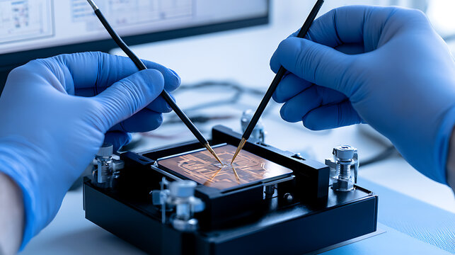 Engineer in blue gloves use probe station to test microchip semiconductor circuit board in high tech laboratory research development setup