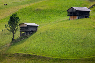 Traditional wooden Alpine hay barns (Heustadel) on steep rolling green pastures in the scenic Lesachtal valley near Maria Luggau, Carinthia, Austria © erikzunec