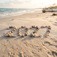 Obraz premium The year 2027 spelled out with various seashells on a sandy beach during a beautiful sunset