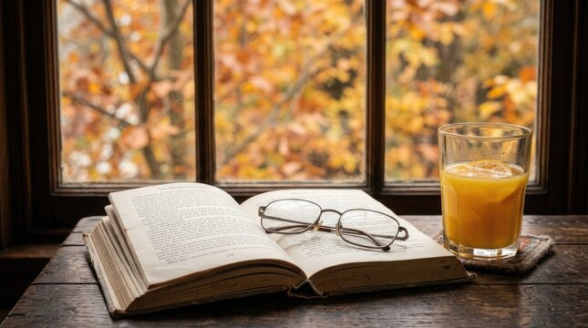 Cozy autumn scene with open book and orange juice by a window