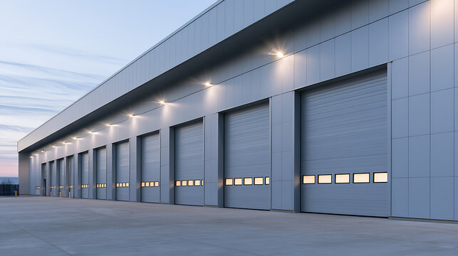 Modern industrial warehouse exterior featuring large metal roller doors and bright overhead security lights under a calm evening blue sky