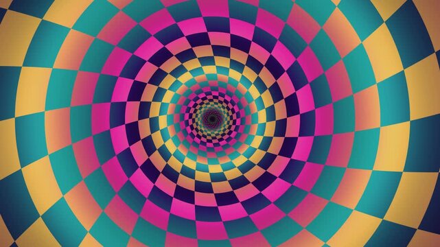 Psychedelic spiral tunnel background, colorful checkered optical illusion, hypnotic geometric pattern loop for music videos