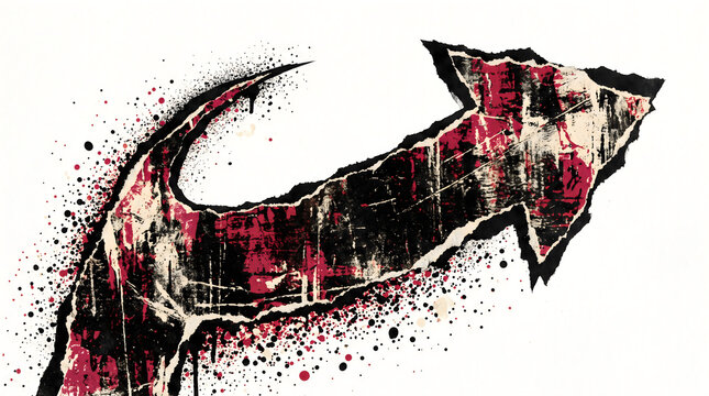 Arrow pointer design featuring artistic grunge textures with deep red and black paint splatter elements combined with rough paper edges isolated on white background