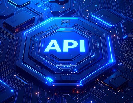 Futuristic glowing blue API microchip on a high-tech circuit board, symbolizing software integration and digital technology concepts.
