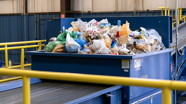 Recycling facility machinery process plastic waste and municipal solid garbage on conveyor belt sorting system inside industrial warehouse plant