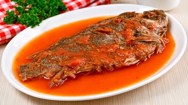 Fish in tomato sauce, ready to eat, plain background