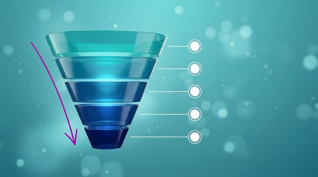 3d funnel infographic with five levels and a downward arrow on a blue bokeh background