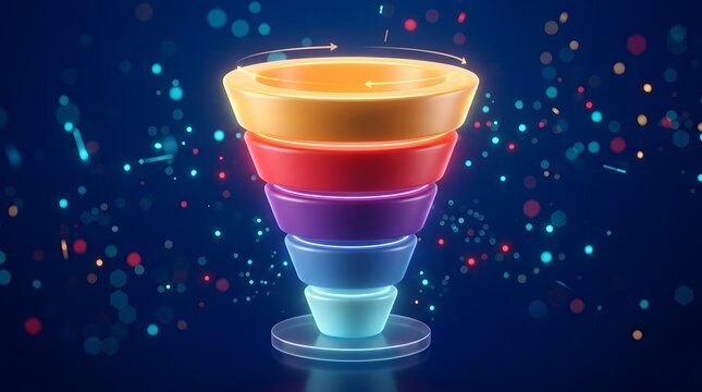3d funnel chart with five colorful stacked layers and glowing circular arrows on a dark bokeh background