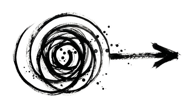 Black ink swirl arrow drawing made with textured dry brush strokes featuring chaotic circular motion and messy artistic paint splatters isolated on white background