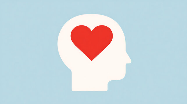 Minimalist graphic illustration of human head profile silhouette containing a bright red heart symbol representing love, mental health, emotion