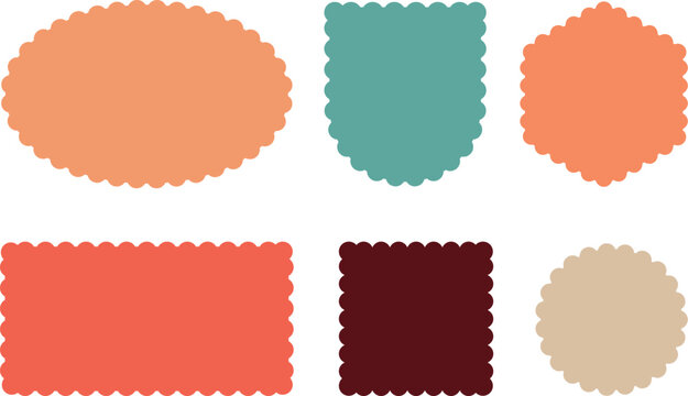 Various scalloped edge shapes including circles, rectangles, and hexagons in different colors for decorative labels and frames