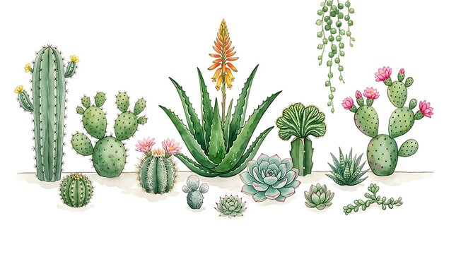 Watercolor illustration of various cacti and succulents isolated on white background