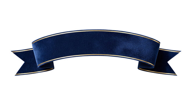 Elegant dark blue velvet ribbon banner with gold trim isolated on a white background for design