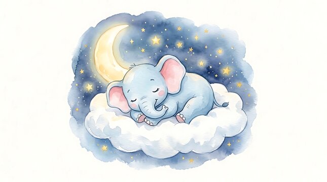 Cute baby elephant sleeping on a fluffy cloud under a crescent moon with stars