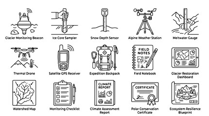 Fototapeta premium Climate research line icons, 15 glacier monitoring and polar expedition symbols, environmental science equipment vector set for global warming analysis.
