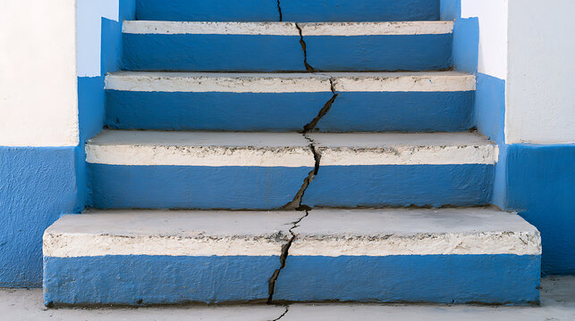 A close up view of weathered concrete stairs with a prominent vertical crack running down the center steps between blue and white walls