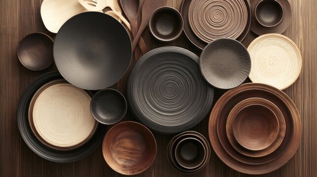 Utensils and plates arranged on wood surface