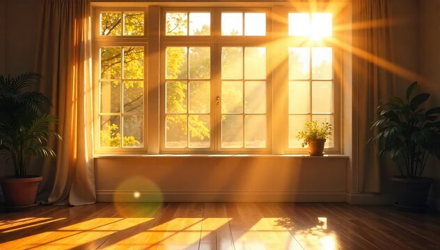 Golden sunlight streams through large windows, illuminating dust motes dancing in the bright rays A warm and inviting scene perfect for home, interior, or lifestyle projects , warmth, architecture