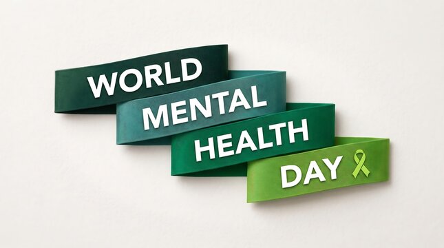 World mental health day text on overlapping green ribbons for global awareness with awareness psychology wellbeing campaign advocacy education solidarity