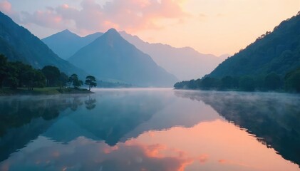 Obraz premium Serene landscape depicting the essence of Buddhist nature; peaceful mountain range reflecting in a tranquil lake at dawn, misty atmosphere, spiritual calm , trees, environment, lake