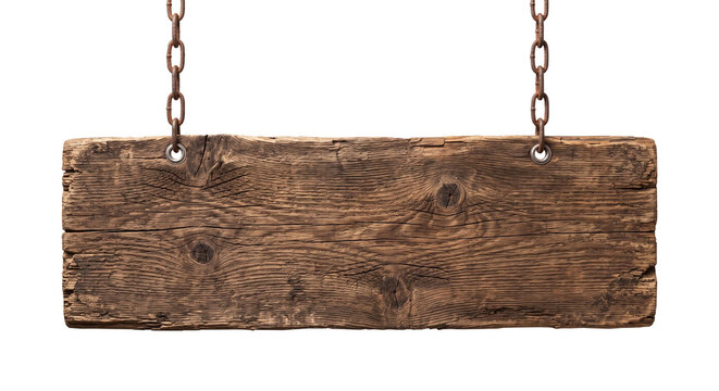 Rustic weathered wooden sign hanging from metal chains on a white background for copy space