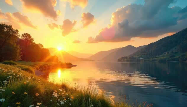 Golden hour sunlight bathes a tranquil landscape, serene waters reflecting a cloudless sky; a picture of effortless joy and contentment , effortless, calm, sunlight