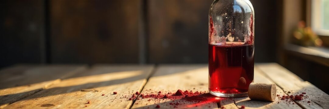 A half-empty bottle of red wine rests on a rustic wooden table, sunlight illuminating dust motes in the air The cork lies nearby, suggesting a recent pour Enjoy the ambiance , beverage, dust motes
