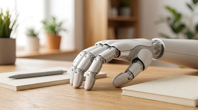 Robotic hand resting on a desk with notebooks and a plant during soft daylight