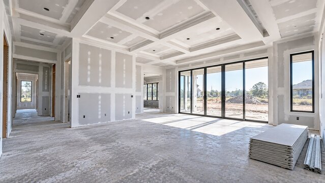 New house interior under construction with installed drywall and unfinished flooring, residential property development and building progress concept.
