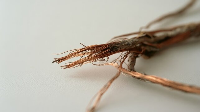 Copper wire strands exposed on clean white surface