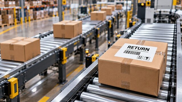 Ecommerce return package moving through automated fulfillment center, representing online shopping returns, returned merchandise and reverse logistics processing.