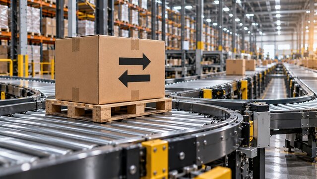 Cardboard package with opposing arrows representing circular supply chain, reverse distribution, reusable logistics and return management in warehouse.