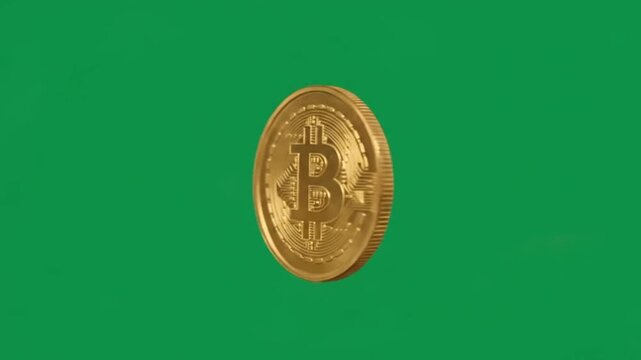Bitcoin gold coin spinning on green screen, rotating cryptocurrency symbol, digital finance asset keying footage, 3D loop financial concept, slow-motion close-up