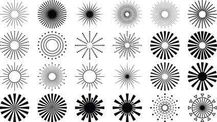 Obraz premium Black sunburst star shape icon collection with radial rays retro badge flat vector illustration design set