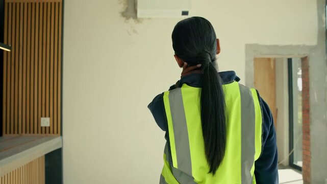 Back, construction worker or woman in house with neck pain, renovation or maintenance with tension. Pressure, injury or posture problem with helmet, technician and overworked with home improvement