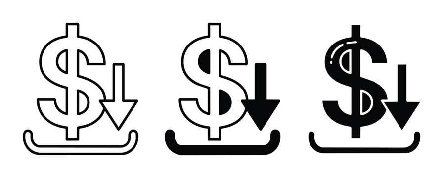 Dollar Sign Down Arrow Icons, Price Reduction Symbols, Financial Decrease Graphics
