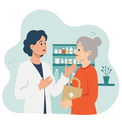 Fototapeta premium Doctor consulting with elderly woman in a pharmacy setting. Elderly set 