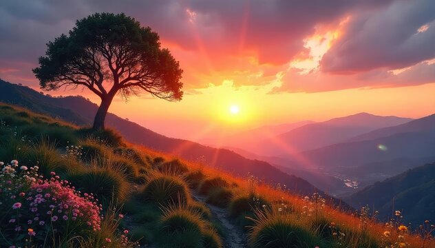 Serene landscape at sunrise, conveying a sense of peace and inner tranquility, ideal for representing spiritual growth and enlightenment , light, spiritual journey