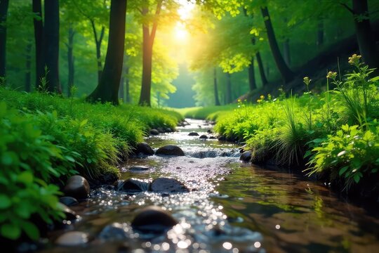 Serene creek stream flowing through lush green forest, sunlight dappling the water's surface Perfect for nature, tranquility, and environmental themes , water, calm, fauna