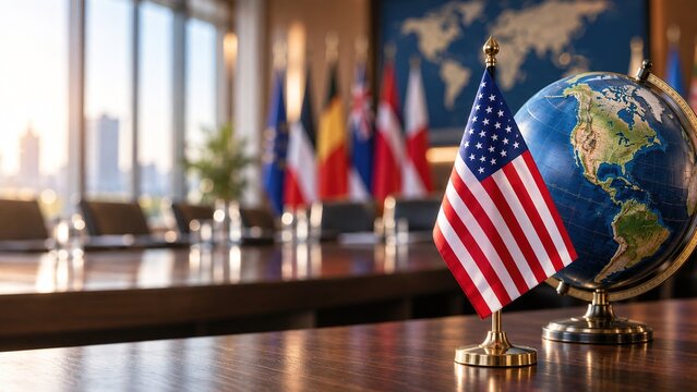 United States flag with a globe in a professional meeting environment, symbolizing foreign policy, diplomacy, international relations, geopolitical strategy and global cooperation.