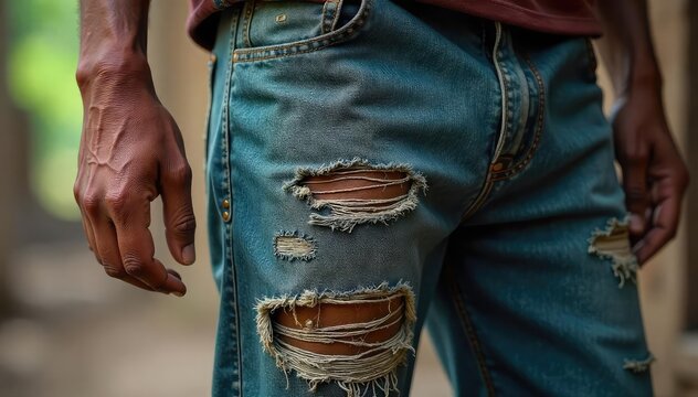 A close-up shot of worn, patched, and frayed pants, revealing significant signs of wear and tear, highlighting the concept of poverty and lack of resources , financial hardship, poor quality
