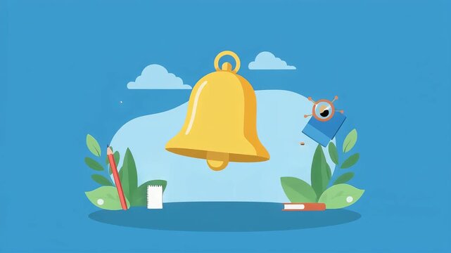 Golden school bell ringing with educational accessories in this animated digital motion footage designed for students and classroom learning concepts